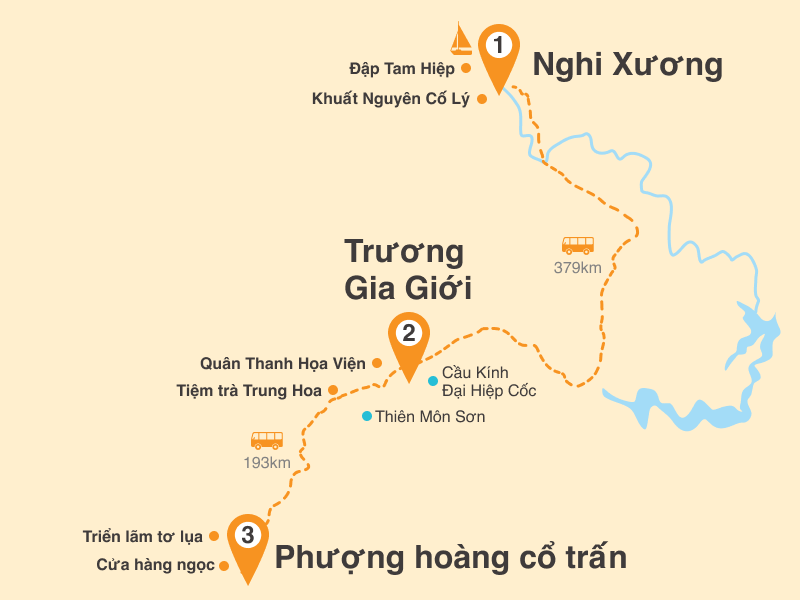 Bản đồ Tour Trung Quốc 6N5Đ: Nghi Xương - Trương Gia Giới - Thiên Môn Sơn - Phượng Hoàng Cổ Trấn