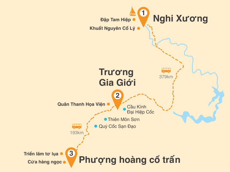 Bản đồ Tour Trung Quốc 5N4Đ: HCM - Nghi Xương - Thiên Môn Sơn - Phượng Hoàng Cổ Trấn