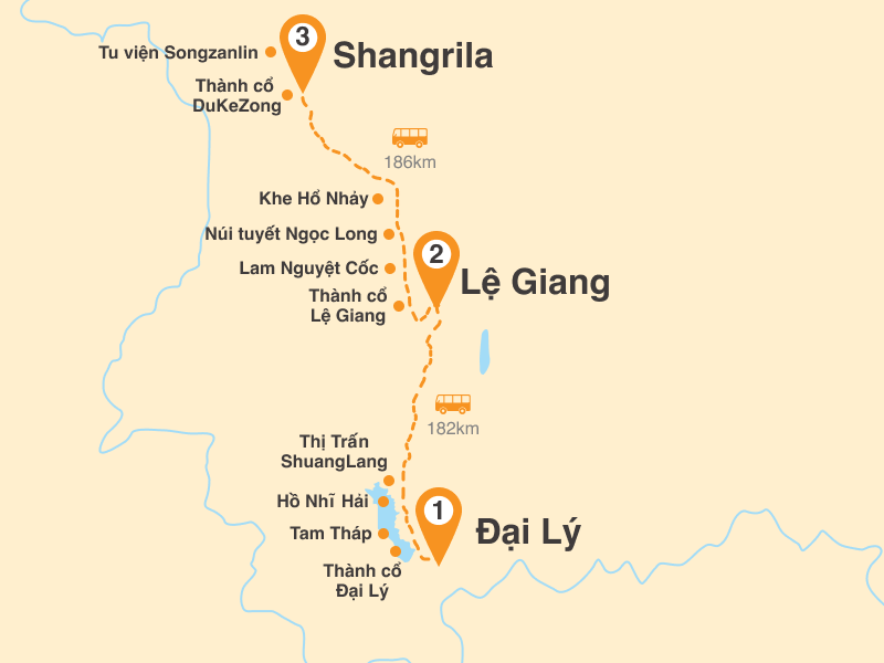 Bản đồ Tour Trung Quốc 6N5Đ: Khám Phá Lệ Giang - Đại Lý - Shangrila (No Shopping)