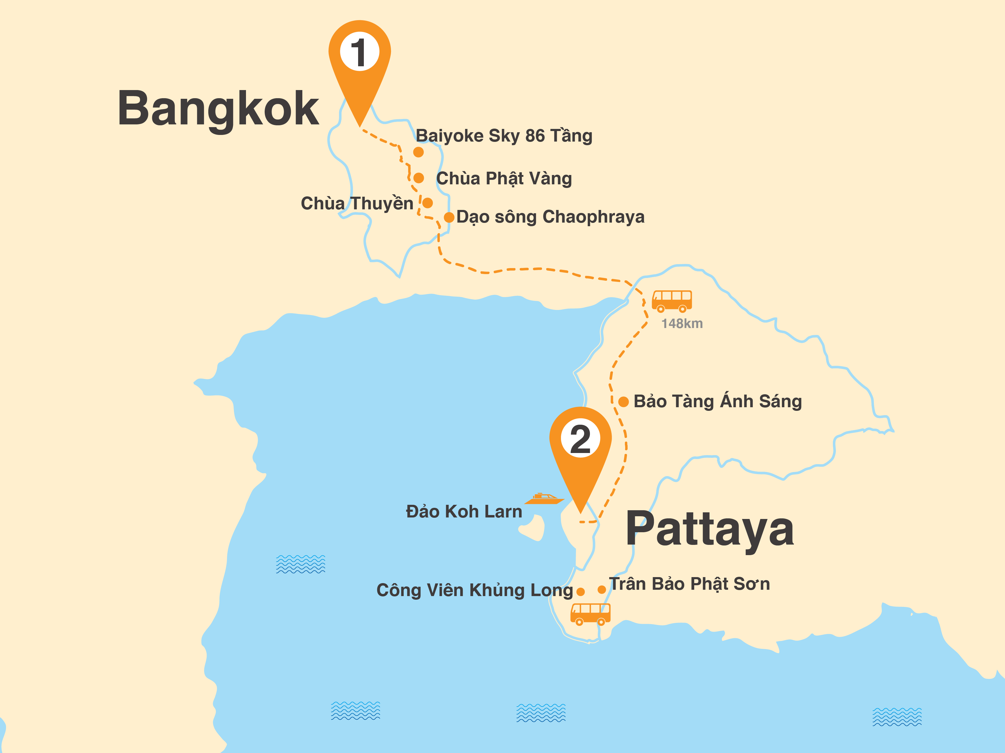 Bản đồ Tour Thái Lan 5N4Đ: HCM - Bangkok - Pattaya - Bảo Tàng Ánh Sáng (Bay Sáng, Trưa)