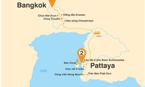 Bản đồ lịch trình Tour Thái Lan 5N4Đ: HCM - Bangkok - Pattaya - Lâu Đài Tỷ Phú - Vườn Bách Thảo Nongnooch