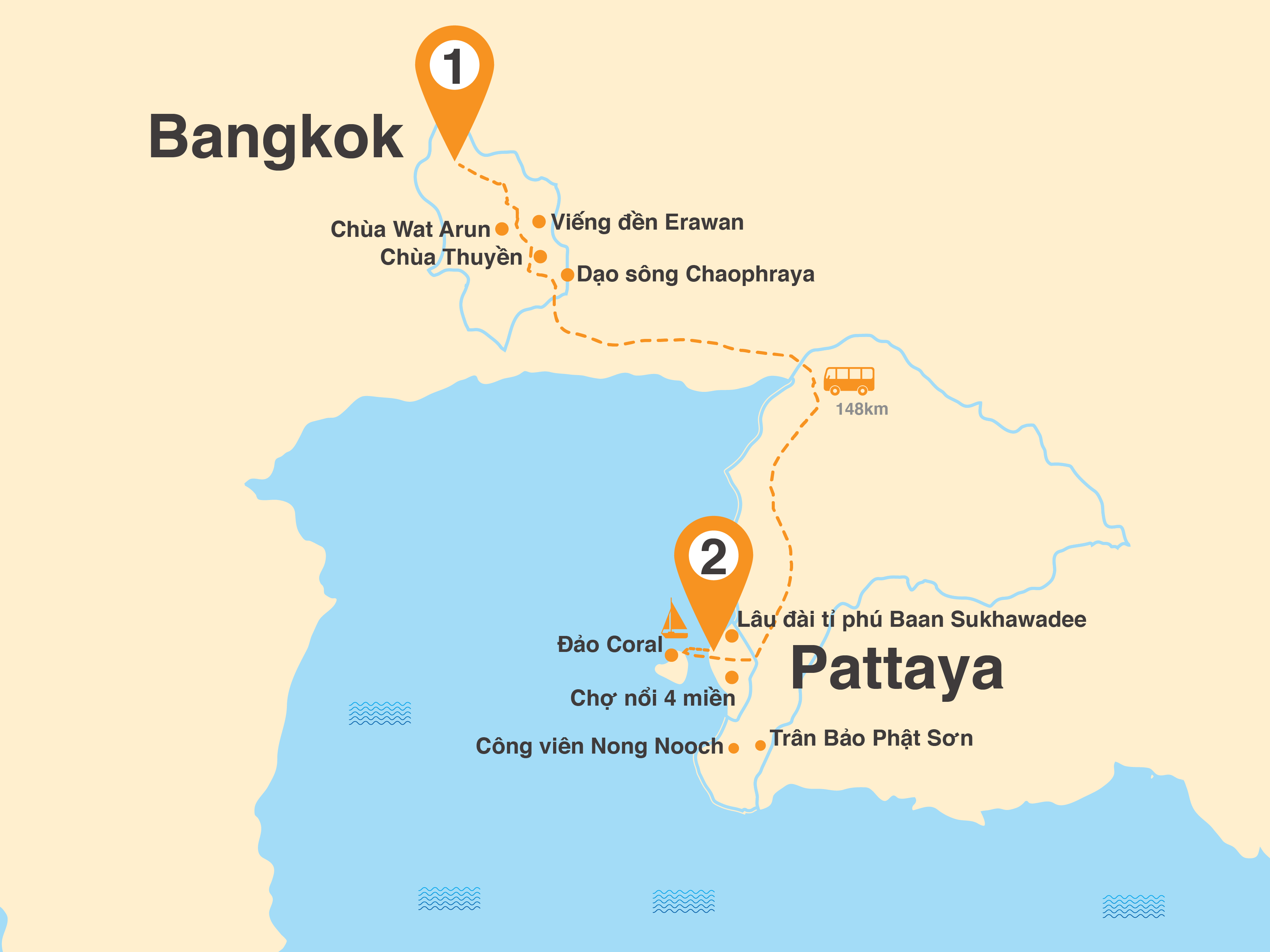 Bản đồ Tour Thái Lan 5N4Đ: Bangkok - Pattaya - Lâu Đài Tỉ Phú - Vườn Bách Thảo Nongnooch