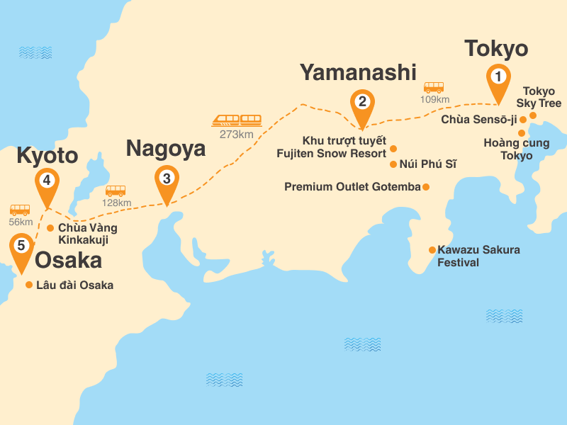 Bản đồ Tour Nhật Bản 5N5Đ Tết Ta: HCM - Tokyo - Phú Sĩ - Nagoya - Kyoto - Osaka