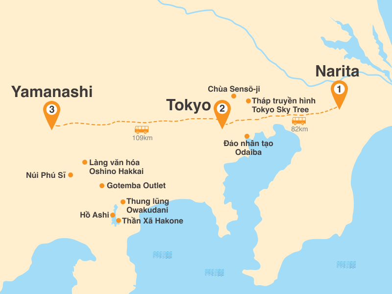 Bản đồ Tour Nhật Bản 4N4Đ: TP.HCM - Mùa Lá Đỏ Narita - Yamanashi - Tokyo (Visa Đơn Giản)