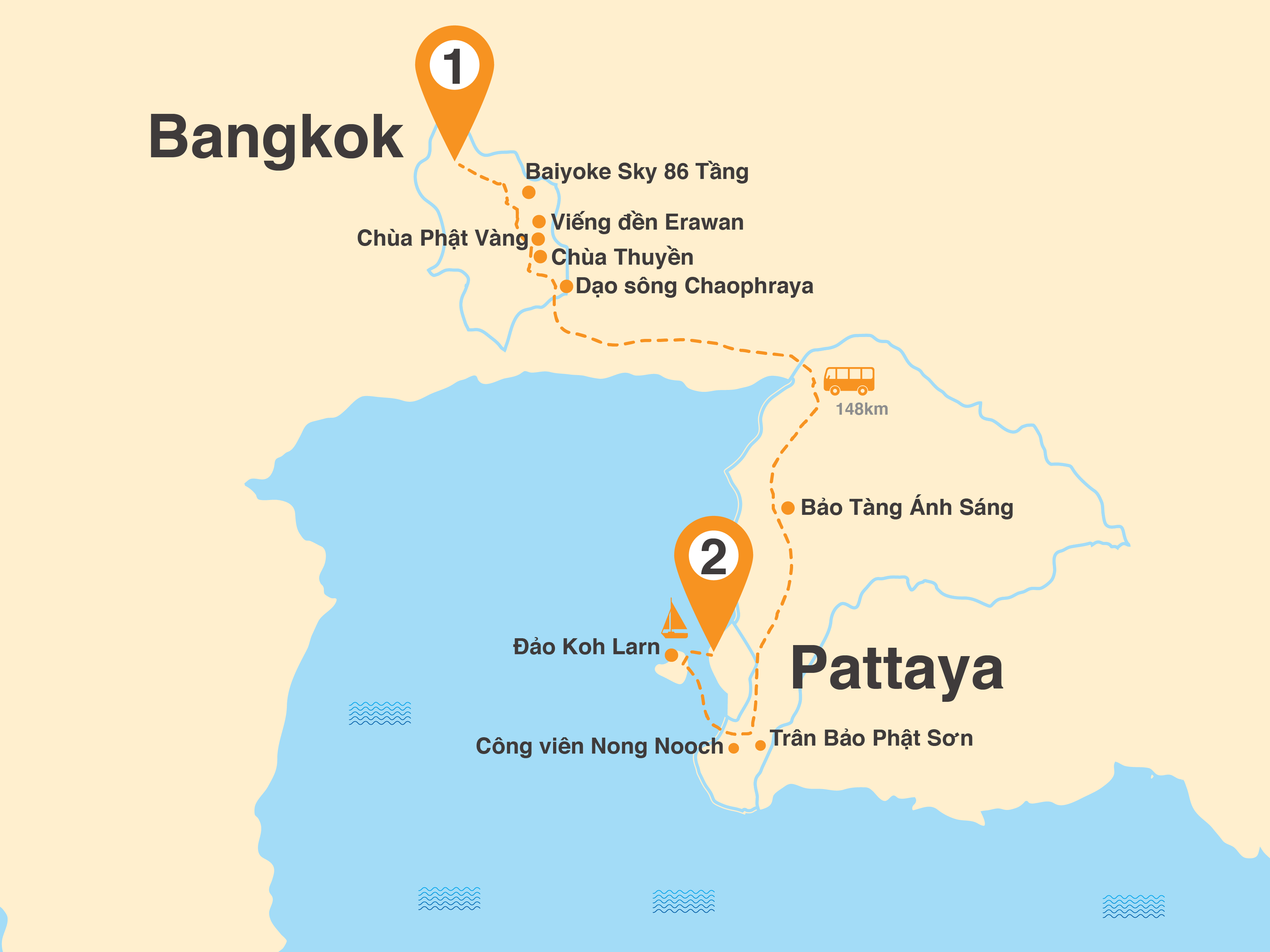 Bản đồ Tour Thái Lan 5N4Đ: HCM - Xứ Sở Chùa Vàng - Bangkok - Pattaya - Công Viên Khủng Long (Bay Chiều)