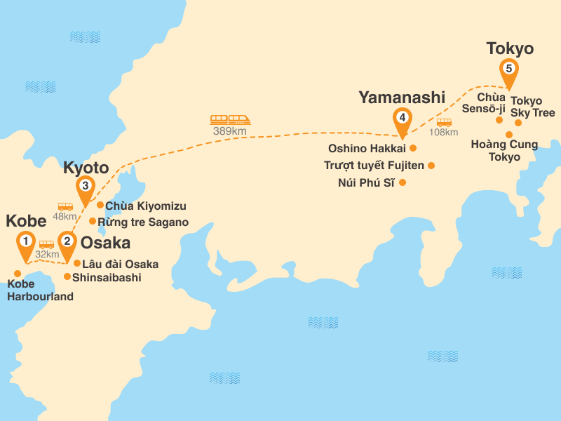 Bản đồ Tour Tết Nguyên Đán Nhật Bản 5N5Đ: HCM - Cung Đường Vàng Tokyo - Núi Phú Sĩ - Kyoto - Osaka - Kobe (Visa đơn giản)