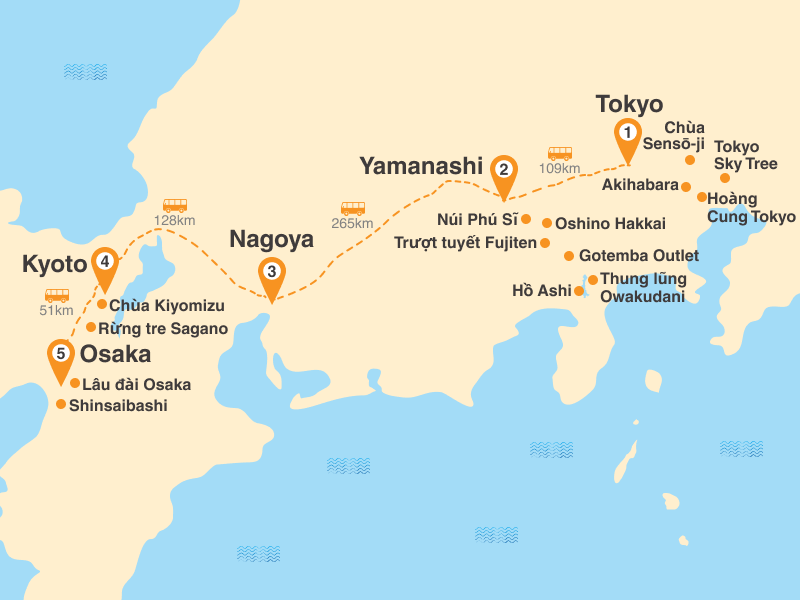 Bản đồ Tour Nhật Bản 5N5Đ (Tết Nguyên Đán): TP.HCM - Tokyo - Phú Sĩ - Nagoya - Kyoto - Osaka (Visa Đơn Giản)