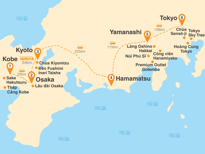 Bản đồ Tour Nhật Bản 6N5Đ: TP.HCM - Osaka - Kobe - Kyoto - Yamanashi - Tokyo (Visa Đơn Giản)