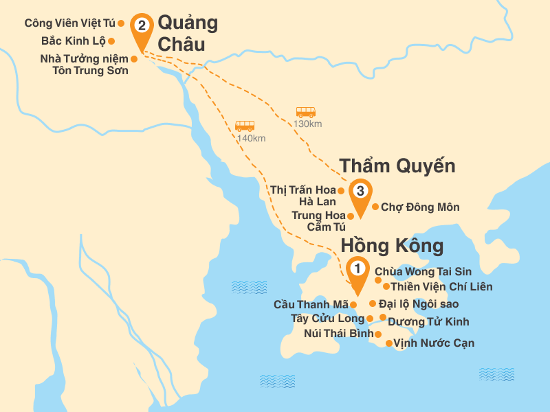 Bản đồ Tour Hồng Kông 5N4Đ: Trung Quốc - Thẩm Quyến - Quảng Châu Bay Cathay