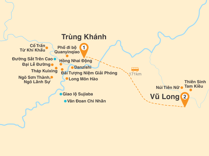 Bản đồ Tour Trung Quốc 4N4Đ: TP.HCM - Trùng Khánh - Vũ Long - Khách Sạn 5 Sao