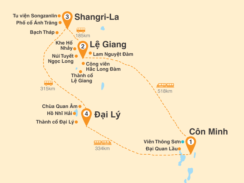 Bản đồ Tour Trung Quốc 6N5Đ: HCM - Đại Lý - Lệ Giang - Shangrila - Côn Minh Đi Đến Nơi Có Gió