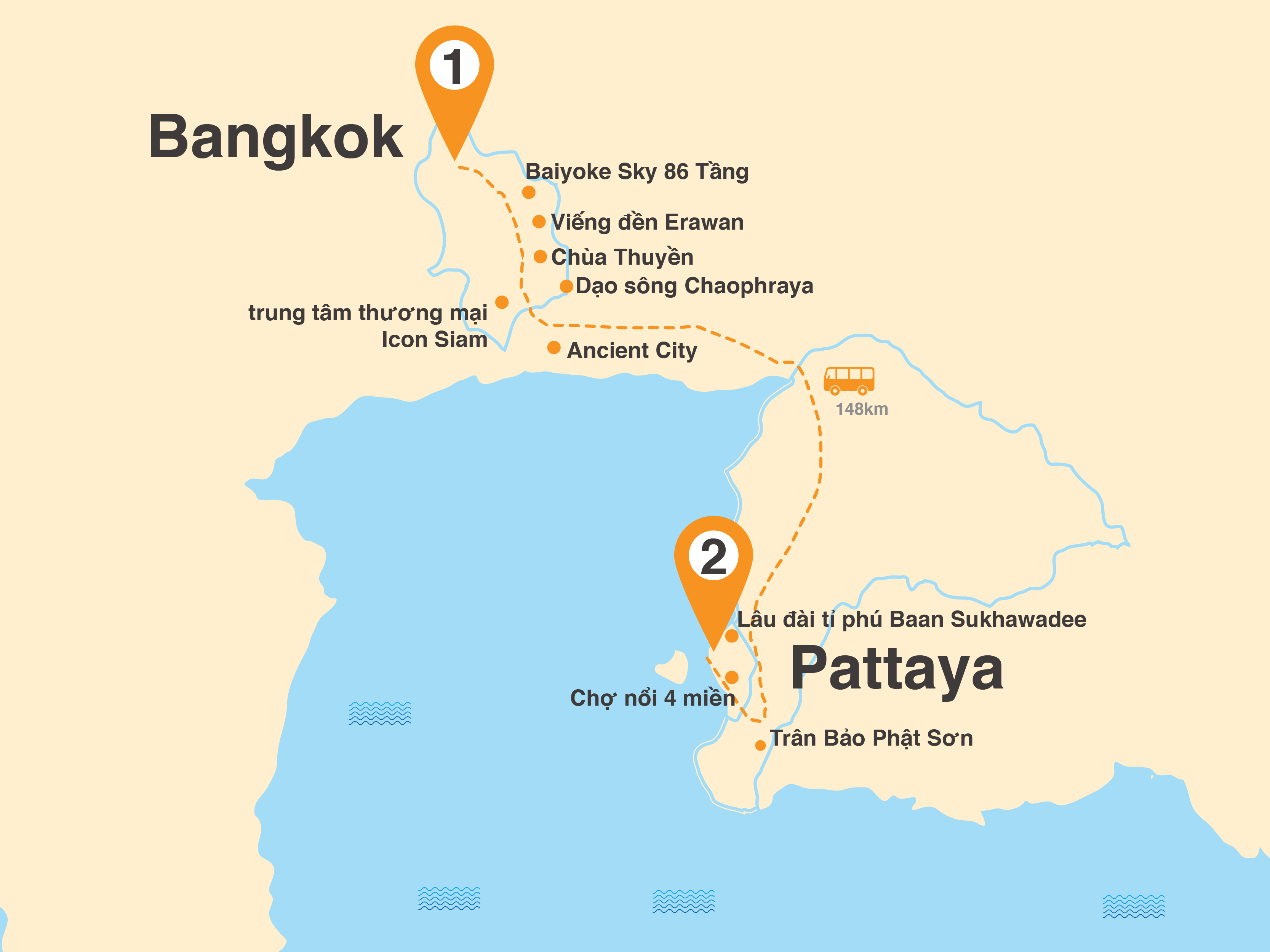 Bản đồ Tour Thái Lan 5N4Đ: HCM - Bangkok - Pattaya - Lâu Đài Tỉ Phú - Muang Boran (Bay Chiều)