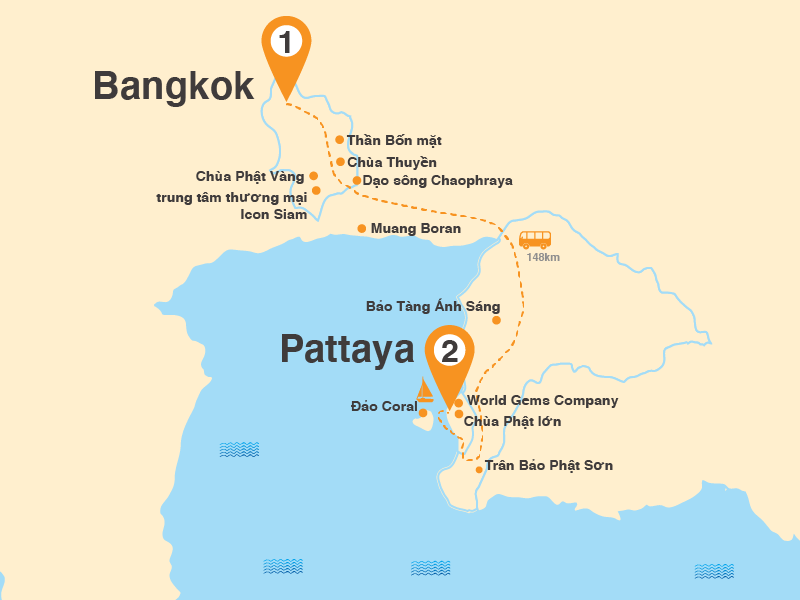 Bản đồ Tour Thái Lan 5N4Đ: Bangkok - Pattaya - Bảo Tàng Muang Boran Độc Đáo - Chùa Phật Lớn