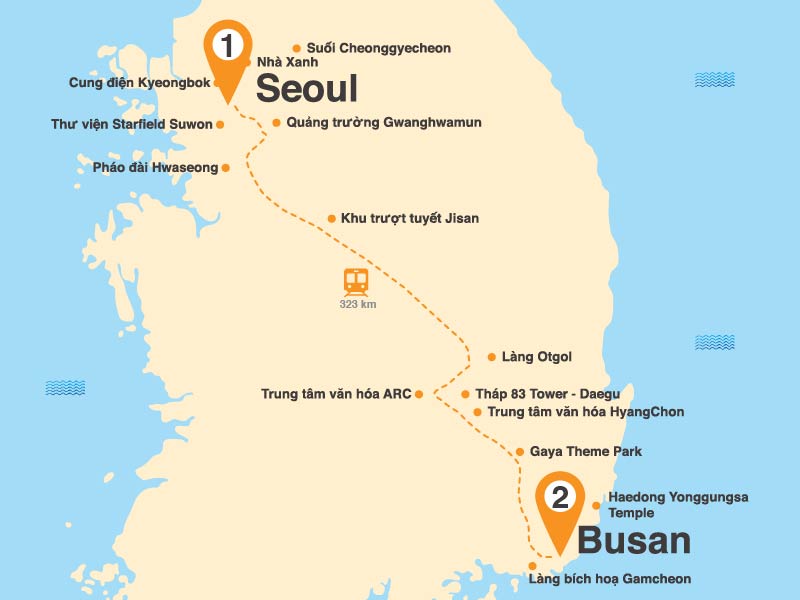 Bản đồ Tour Hàn Quốc 5N5Đ: Busan - Seoul - Đảo Nami - Công Viên Gaya Theme