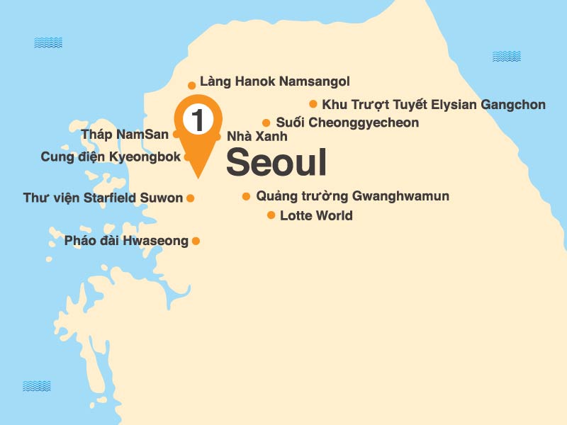 Bản đồ Tour Hàn Quốc 4N4Đ: Seoul - Lotte World - Thư viện Starfield Suwon