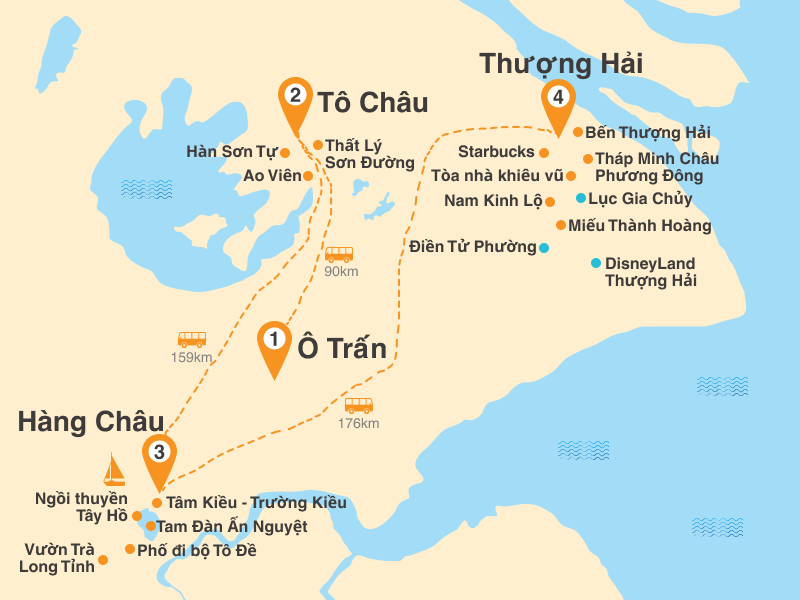 Bản đồ Tour Trung Quốc 5N4Đ: HCM - Thượng Hải - Disneyland (Option) - Freeday