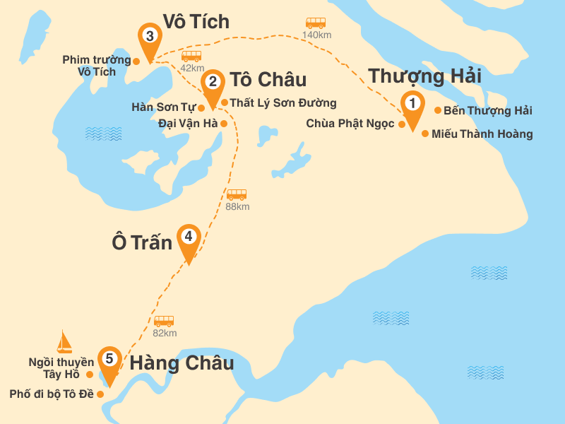 Bản đồ Tour Trung Quốc 5N4Đ: HCM - Thượng Hải - Hàng Châu - Ô Trấn