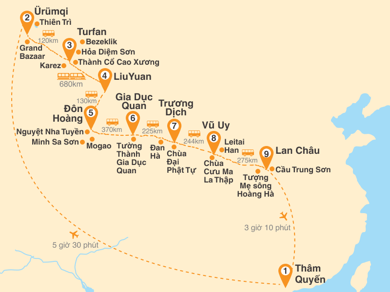 Bản đồ Tour Trung Quốc 7N6Đ: Cam Túc - Đôn Hoàng - Gia Dục Quan - Hồ Thanh Hải - Hồ Muối Chaka