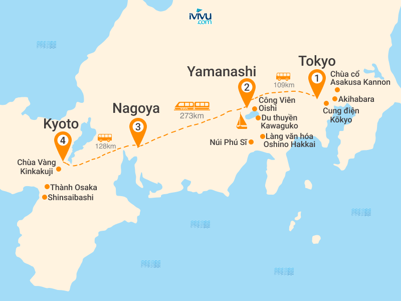 Bản đồ Tour Nhật Bản 5N5Đ: Tokyo - Yamanashi - Toyohashi - Kyoto - Osaka - Kobe - Mùa Thu