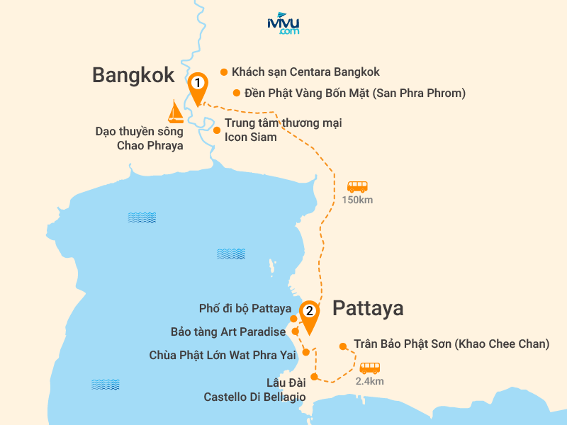 Bản đồ Tour Thái Lan 5N4Đ: Khám Phá Bangkok - Pattaya - Chùa Phật Lớn - Lâu Đài Castello Di Bellagio