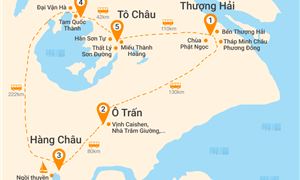 Bản đồ lịch trình Tour Trung Quốc 5N4Đ: HCM - Thượng Hải - Vô Tích - Ô Trấn - Hàng Châu - Tô Châu