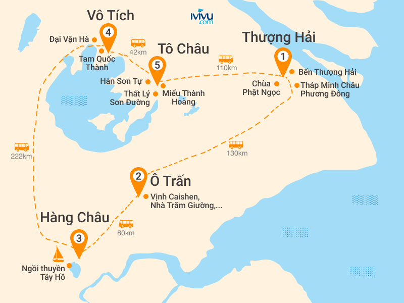 Bản đồ Tour Trung Quốc 5N4Đ: Thượng Hải - Vô Tích - Ô Trấn - Hàng Châu - Tô Châu