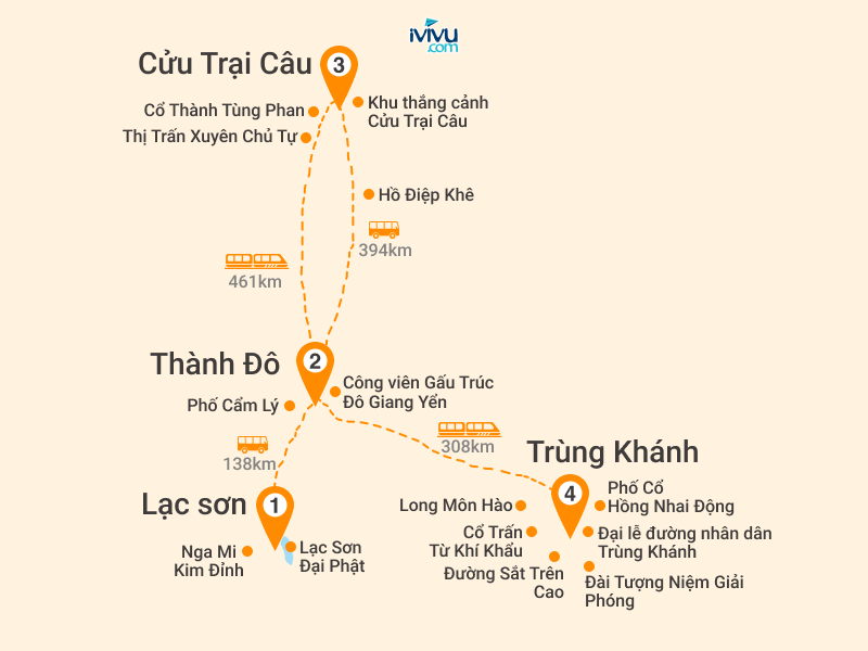 Bản đồ Tour Trung Quốc 7N7Đ: HCM - Trùng Khánh - Thành Đô - Cửu Trại Câu - Nga Mi - Lạc Sơn