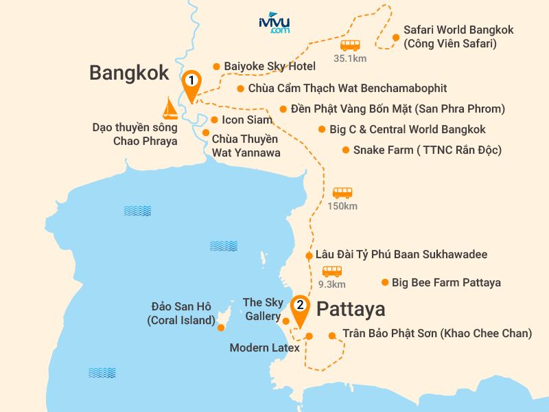 Bản đồ Tour Thái Lan 5N4Đ: Bangkok - Pattaya - Safari World - Lâu Đài Tỷ Phú