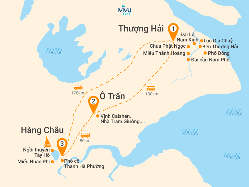 Bản đồ Tour Trung Quốc 5N4Đ: Hà Nội - Thượng Hải - Ô Trấn - Hàng Châu
