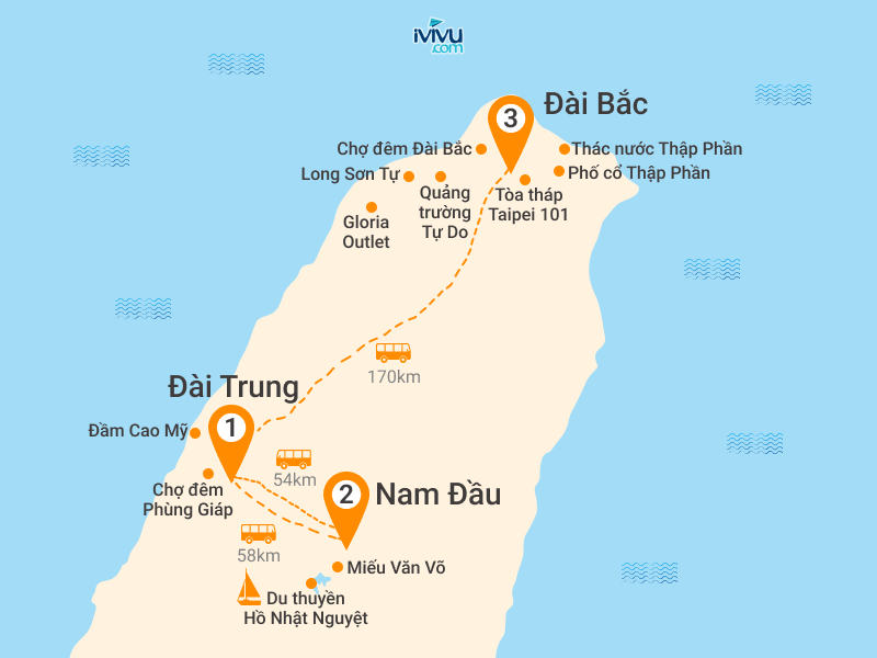 Bản đồ Tour Đài Loan 4N3Đ: HCM - Đài Trung - Đầm Cao Mỹ - Hồ Nhật Nguyệt - Thác Thập Phần - Đài Bắc