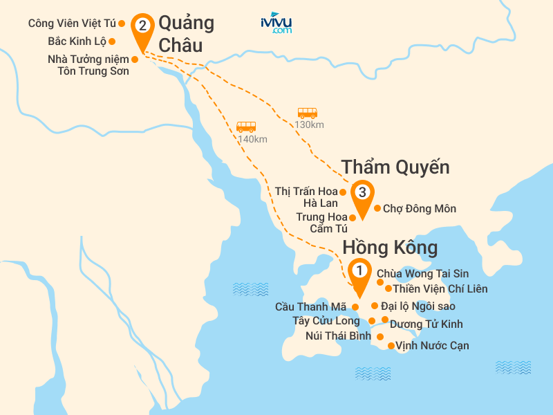 Bản đồ Tour Hồng Kông 5N4Đ: Trung Quốc - Thẩm Quyến - Quảng Châu