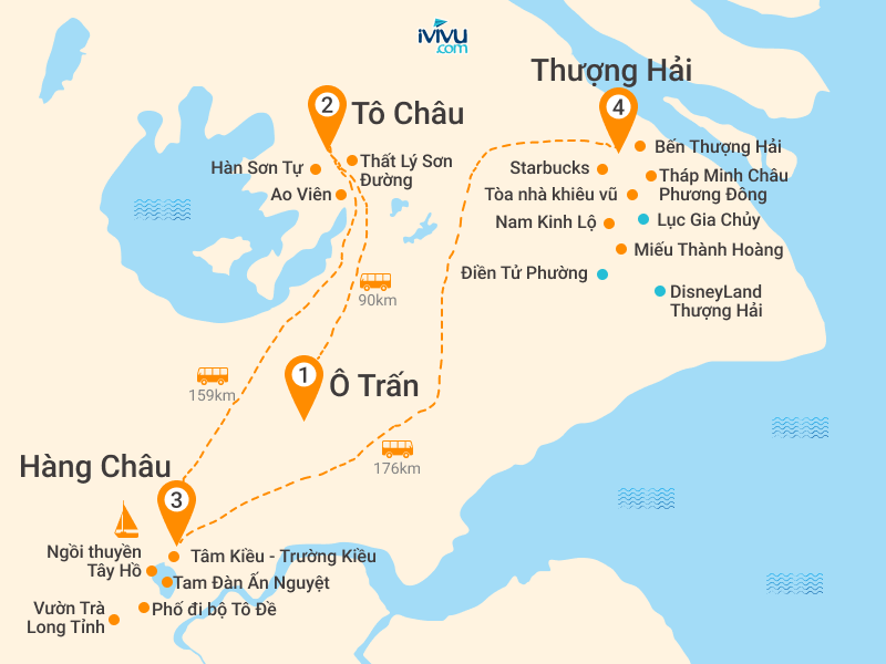 Bản đồ Tour Trung Quốc 5N4Đ: Thượng Hải - Ô Trấn - Tô Châu - Hàng Châu - Disneyland (option)