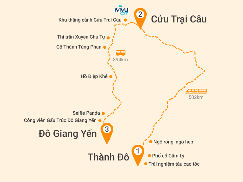 Bản đồ Tour Trung Quốc 6N5Đ: HCM - Thành Đô - Cửu Trại Câu - Công Viên Gấu Trúc - Selfie Panda
