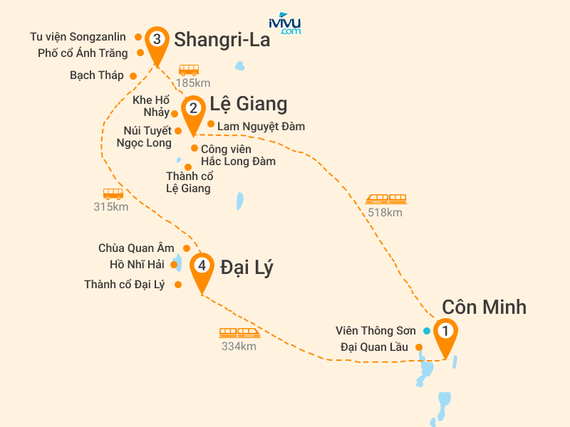 Bản đồ Tour Trung Quốc 6N5Đ: HCM - Đại Lý - Lệ Giang - Shangrila - Côn Minh Đi Đến Nơi Có Gió