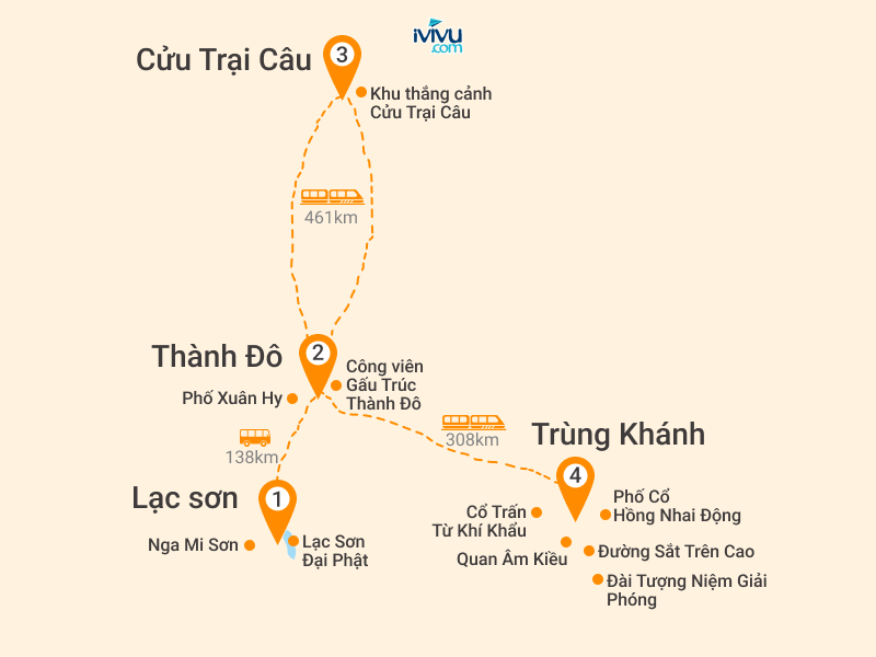 Bản đồ Tour Trung Quốc 7N7Đ: TP.HCM - Trùng Khánh - Thành Đô - Cửu Trại Câu - Nga Mi Sơn - Lạc Sơn Đại Phật