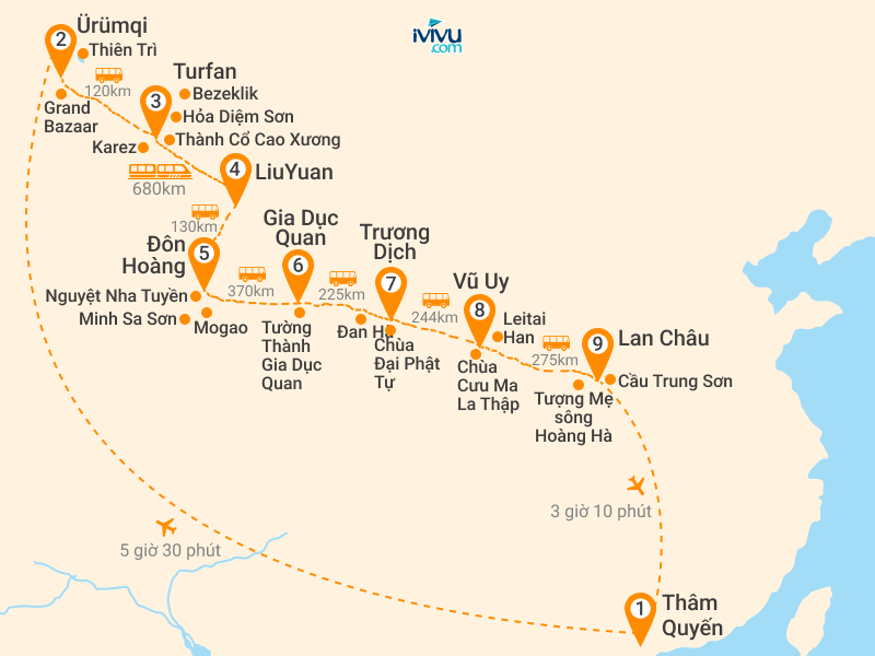 Bản đồ Tour Trung Quốc 8N7Đ: HCM - Tân Cương - Cam Túc - Đan Hà - Đôn Hoàng - Sa Mạc Minh Sa Sơn - Hỏa Diệm Sơn