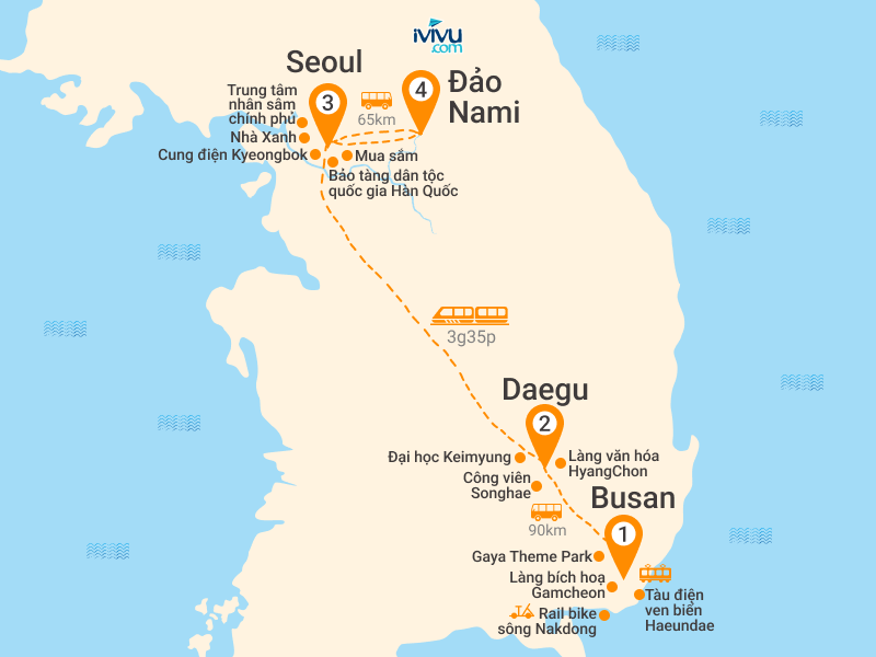 Bản đồ Tour Hàn Quốc 5N5Đ: Busan - Daegu - Seoul - Đảo Nami