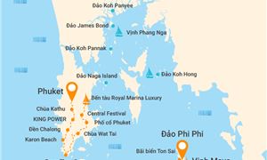 Bản đồ lịch trình Tour Phuket 4N3Đ: HCM - Đảo Phi Phi - Vịnh Maya - Biển Laem Tong