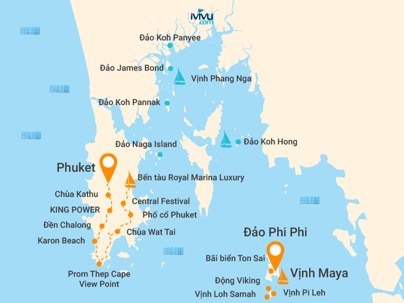 Bản đồ Tour Phuket 4N3Đ: Phố Cổ Phuket - Đảo Phi Phi - Vịnh Maya