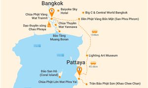 Bản đồ lịch trình Tour Thái Lan 5N4Đ: HCM - Bangkok - Pattaya - Bảo Tàng Muang Boran - Chùa Phật Lớn