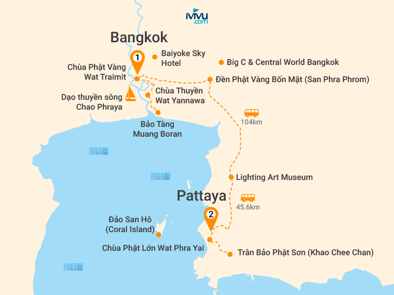 Bản đồ Tour Thái Lan 5N4Đ: Bangkok - Pattaya - Bảo Tàng Muang Boran Độc Đáo - Chùa Phật Lớn