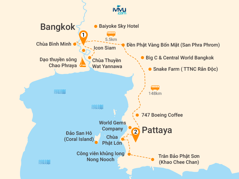 Bản đồ Tour Thái Lan 5N4Đ: HCM - Bangkok - Chùa Bình Minh - Công Viên Khủng Long - Icon Siam