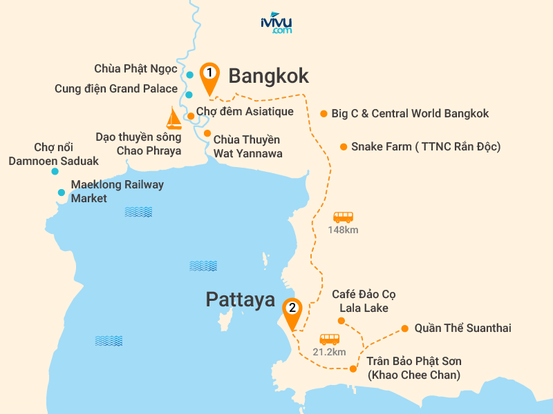 Bản đồ Tour Thái Lan 5N4Đ: Bangkok - Pattaya - Quần Thể Suanthai - Freeday