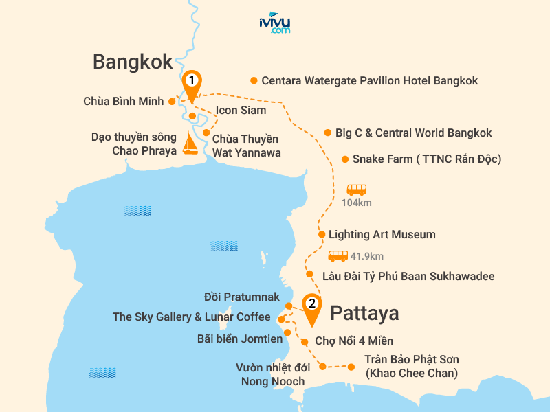 Bản đồ Tour Thái Lan 5N4Đ: Hà Nội - Bangkok - Pattaya - Jomtien Beach - Noong Nooch