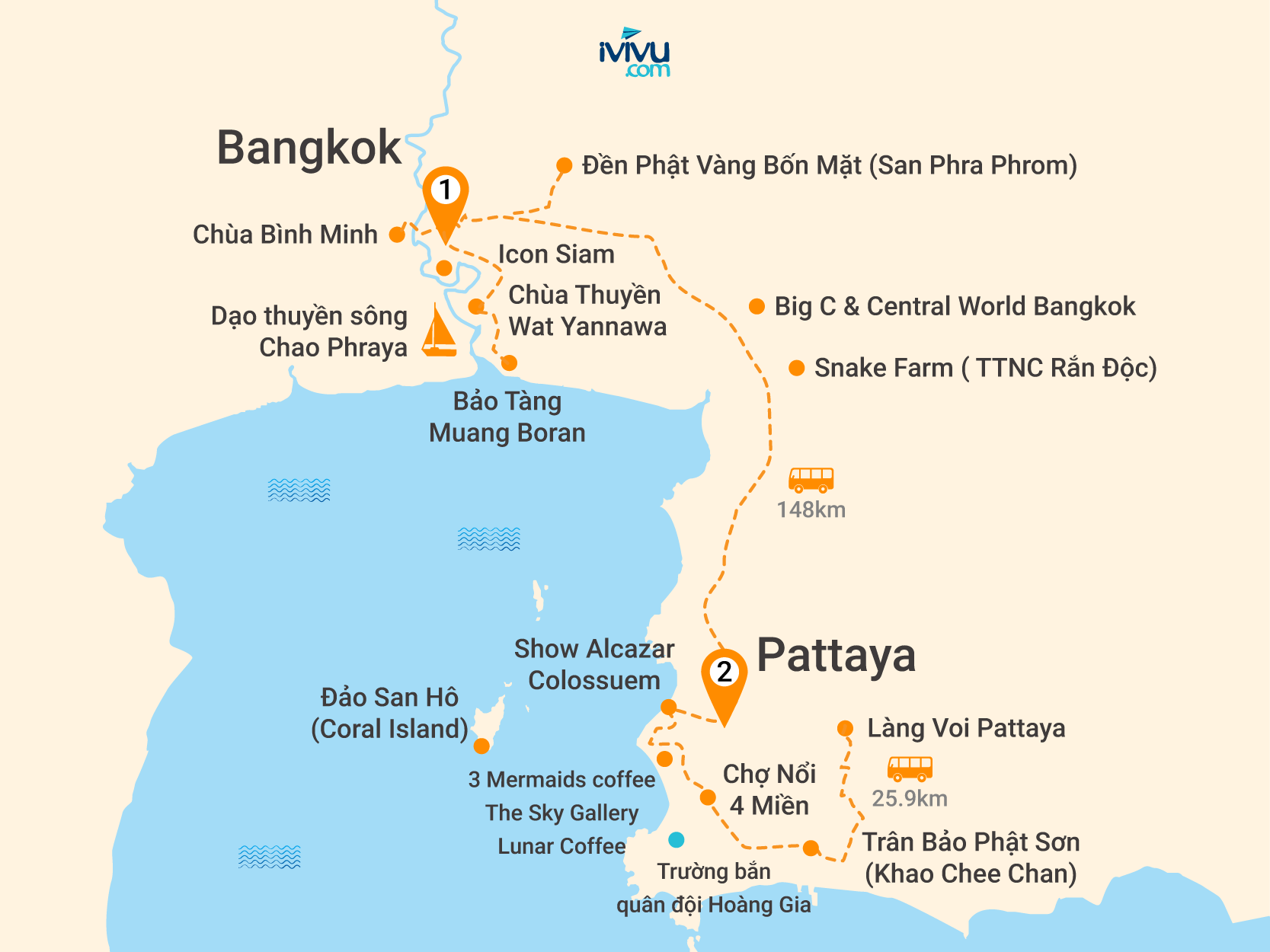 Bản đồ Tour Thái Lan 5N4Đ: Hà Nội - Bangkok - Pattaya - Muang Boran - Chùa Wat Arun