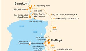 Bản đồ lịch trình Tour Thái Lan 5N4Đ: Hà Nội - Bangkok - Pattaya - Đảo Coral - Show Alcazar