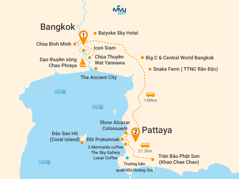 Bản đồ Tour Thái Lan 5N4Đ: Hà Nội - Bangkok - Pattaya - Đảo Coral - Show Alcazar