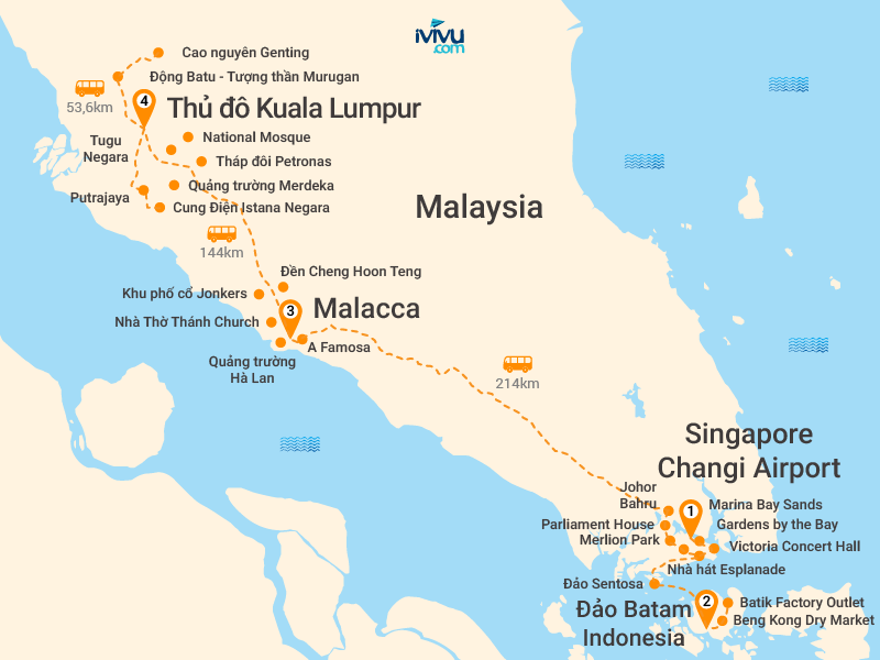 Bản đồ Tour Liên Tuyến Ba Nước 6N5Đ: Singapore - Indonesia - Malaysia