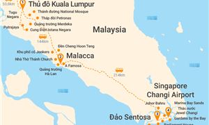 Bản đồ lịch trình Tour Malaysia - Singapore 5N4Đ: HCM - Động Batu - Cao Nguyên Genting - Đảo Sentosa