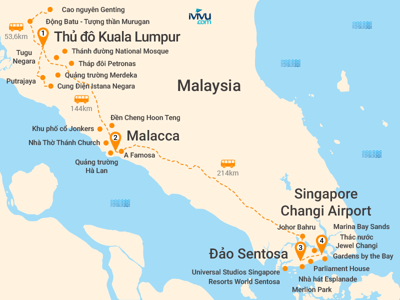 Bản đồ Tour Malaysia - Singapore 5N4Đ: HCM - Động Batu - Cao Nguyên Genting - Đảo Sentosa